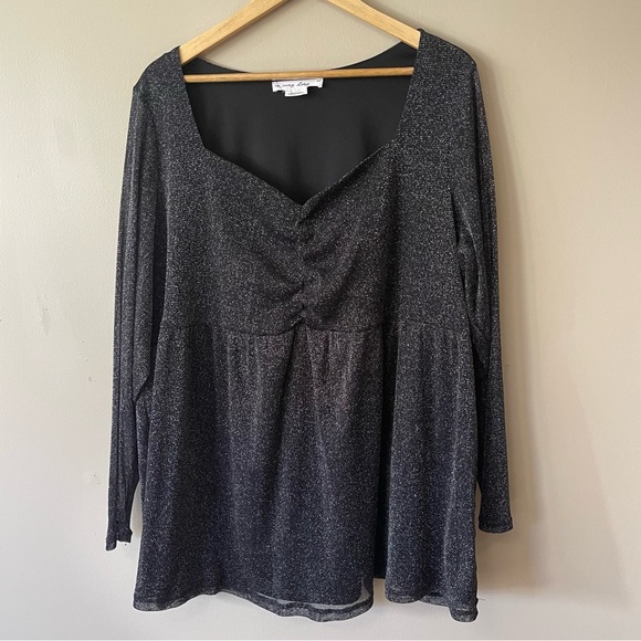 IN EVERY STORY Black Shimmer Top Blouse Sheer Sleeves Glitter Sparkle Plus Size - Picture 2 of 10